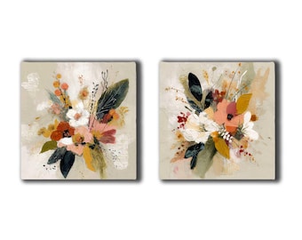 Abstract Floral Gallery Wall Set, Set of 2 Canvas, Botanical Wall Art, Living Room Decor, Bedroom or Kitchen Wall Art, Housewarming Gift