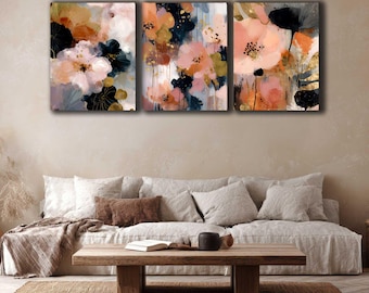 Blush Floral Gallery Wall Set, Set of 3 Canvas Prints, Abstract Botanical Wall Art, Bedroom Decor Wall Art, Housewarming Gift