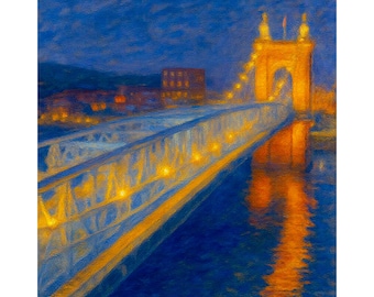 Cincinnati Roebling Bridge Night Canvas Print, Skyline Wall Art, Ohio River Cityscape Painting, Downtown Lights Decor, Urban Artwork