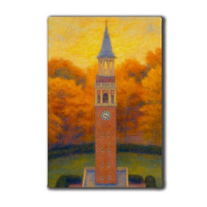 May include: An oil painting of a tall brick clock tower with a blue steeple, set against a backdrop of orange and yellow autumn trees. The tower has a clock face and several windows. The artwork is framed.