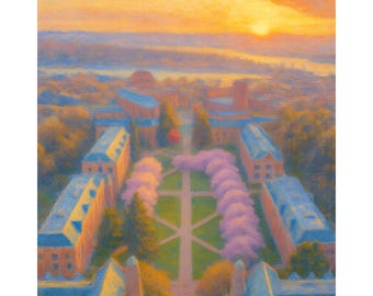 University of Washington Campus Sunset Canvas Print, Seattle WA Wall Art, Cherry Blossom Quad Painting, College Graduation Gift