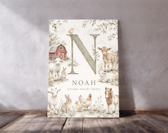 Personalized Nursery Wall Art, Birth Stats Canvas Print, Custom Baby Name Nursery Decor, Newborn Gift, Farm Animal Theme Wall Art