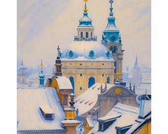 Prague Winter Cathedral Canvas Print, Snowy Prague Skyline Wall Art, Czech Republic Church Cityscape Painting, European Travel Decor