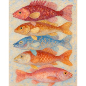 May include: A vertical arrangement of five fish illustrations rendered in colored pencil. The fish are stacked, featuring colors of deep red, golden yellow, bright blue, orange, and soft pink, all set against a light blue and white textured background.