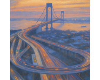 Verrazzano-Narrows Bridge Sunset Canvas Print, New York City Skyline Wall Art, NYC Golden Hour Painting, Urban Home Decor