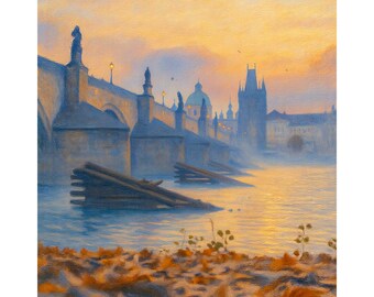 Prague Charles Bridge Sunset Canvas Print, Czech Republic River Wall Art, Historic Prague Cityscape Painting, European Travel Decor