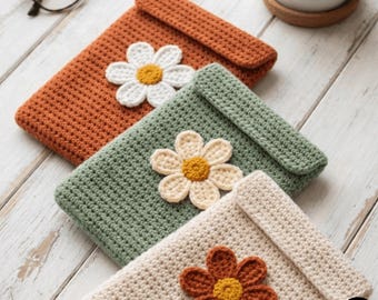 Marigold Reader Sleeve Crochet Pattern - Easy Beginner E-reader Case with Daisy Appliqué - Digital PDF Download