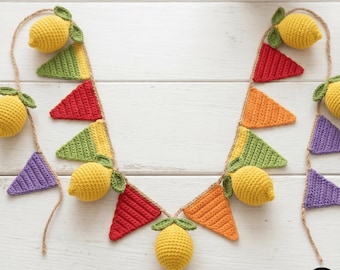 Crochet Lemon Garland Pattern, Fun Summer Rainbow Bunting PDF, Easy Amigurumi Fruit Decor, Instant Download DIY Party Banner