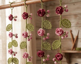 Crochet Wildflower Floral Garland Pattern PDF | Rolled Rose and Veined Leaf Vine Wildflower Garland Crochet Pattern, Leaf Vine Home Decor