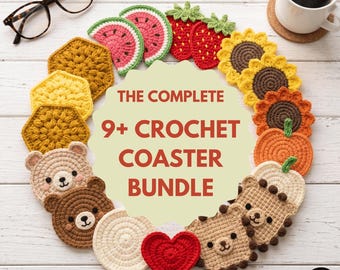 9+ Crochet Coaster Bundle - Pumpkin Watermelon Strawberry Sunflower Pumpkin Bear face Honeycomb Boba Bear and Heart Coasters