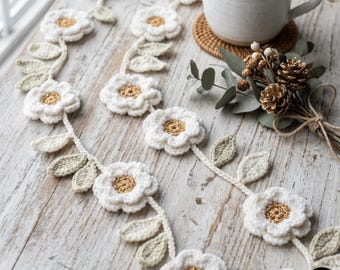 The Snowy Morning Daisy Garland Pattern, Seamless Crochet Floral Vine PDF Boho Nursery Bunting Flower Vine, Handmade Baby Shower Gift Idea