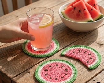 Watermelon Crochet Coaster Pattern PDF, Summer Fruit Drink Coaster DIY Decor, Easy Round & Half Slice Crochet Tutorial Download