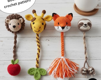 Cute Animal Crochet Bookmark Pattern Set PDF  Fox Giraffe Sloth Hedgehog Amigurumi DIY Book Accessory Digital Download Gift Idea