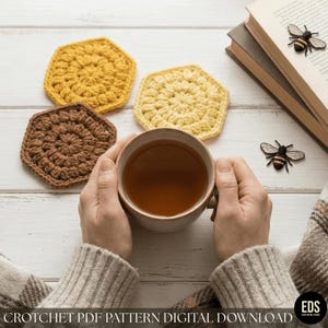 Honeycomb Hexagon Coaster Crochet Pattern PDF, Bee Hive Cotton Coaster DIY, Puff Stitch Table Decor, Crochet Trivet Pattern Gift