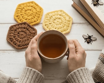 Honeycomb Hexagon Coaster Crochet Pattern PDF, Bee Hive Cotton Coaster DIY, Puff Stitch Table Decor, Crochet Trivet Pattern Gift