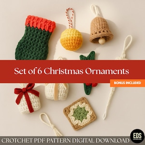 Set of 6 Christmas Ornament Crochet Patterns, Bells, Granny Square, Gift Box, Holly Leaf, Ball Ornaments Mini Stockings Beginner Friendly