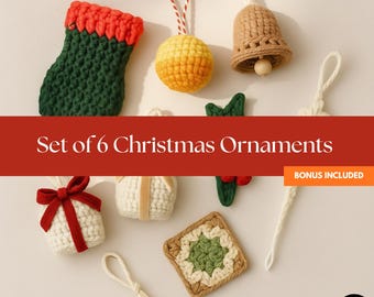 Set of 6 Christmas Ornament Crochet Patterns, Bells, Granny Square, Gift Box, Holly Leaf, Ball Ornaments Mini Stockings Beginner Friendly