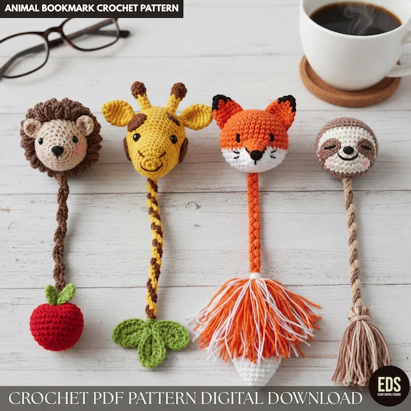 Söta djurvirkade bokmärkesmönster set PDF Räv Giraff Sloth Igelkott Amigurumi DIY Boktillbehör Digital Nedladdning Presentidé