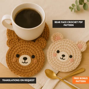 Patrón de posavasos de crochet con cara de oso, lindo posavasos de animales, descarga digital en PDF, tutorial de crochet para principiantes