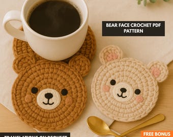 Bear Face Crochet Coaster Pattern  Cute Animal Drink Coaster Digital PDF Download Beginner Friendly Crochet Tutorial Pattern