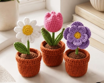 Set of 3 Crochet Flower Pot Pattern PDF, Amigurumi Flower Pot Crochet, Daisy Tulip Lavender Desk Plant, Beginner Crochet Gift Pattern