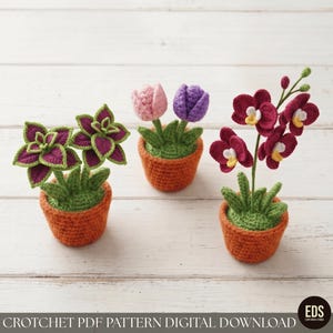 Puede incluir: Tres plantas de ganchillo en maceta que incluyen una suculenta morada y verde, un par de tulipanes rosa y morado, y una orquídea rosa oscuro con centros amarillos y blancos. Cada planta está en una pequeña maceta de ganchillo naranja.