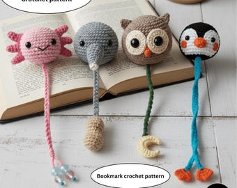 Cute Animal Crochet Bookmark Pattern Set PDF  Penguin Owl Elephant Axolot Amigurumi DIY Digital Download Gift Idea