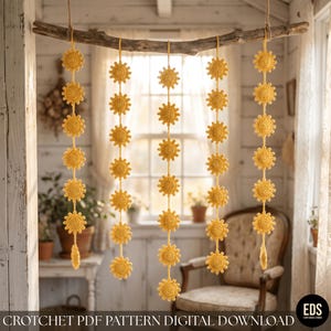 Patrón PDF de guirnalda de sol a crochet - Guirnalda de rayos de sol dorados / Decoración de pared estilo boho para habitación infantil / Crochet fácil para principiantes