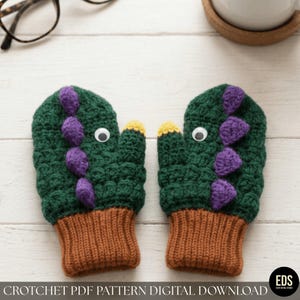 Forest Dinosaur Mittens Crochet Pattern PDF – Bobble “Dragon Scale” Gloves for Kids & Adults, Fun Winter Crochet Mitts