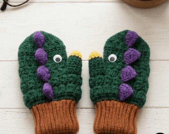 Forest Dinosaur Mittens Crochet Pattern PDF – Bobble “Dragon Scale” Gloves for Kids & Adults, Fun Winter Crochet Mitts