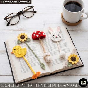 Virkmönsterpaket med bokmärken - Set om 5 - Svampkanin Solros Anka - Amigurumi PDF-mönster - Nybörjarvirkgåva för bokälskare