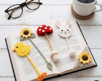 Crochet Bookmark Pattern Bundle - Set of 5 - Mushroom Bunny Sunflower Duck - Amigurumi PDF Pattern - Beginner Crochet Gift for Book Lovers