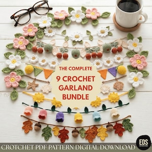 Mönsterpaket med virkade girlanger - 9-i-1 väggbonad med blommor och frukt PDF - Mönster för heminredning med vildblomma, prästkrage, tulpan, höstlöv, citroner