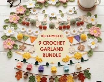 Crochet Garland Pattern Bundle - 9-in-1 Flower and Fruit Wall Hanging PDF - Wild flower Daisy Tulip Autumn Leaf Lemons Home Decor Pattern
