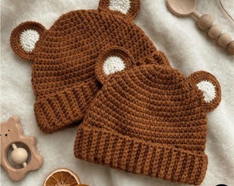 Crochet Bear Baby Beanie Pattern PDF – Newborn 0 to 3 Months Hat with Cute Bear Ears – Easy Beginner Crochet Tutorial, Instant Download