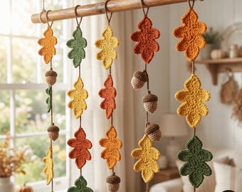 Crochet Pattern Oak Leaves and Acorns Garland Autumn Fall Decor DIY Leaf Acorn Ornament PDF Beginner Friendly Crochet pattern