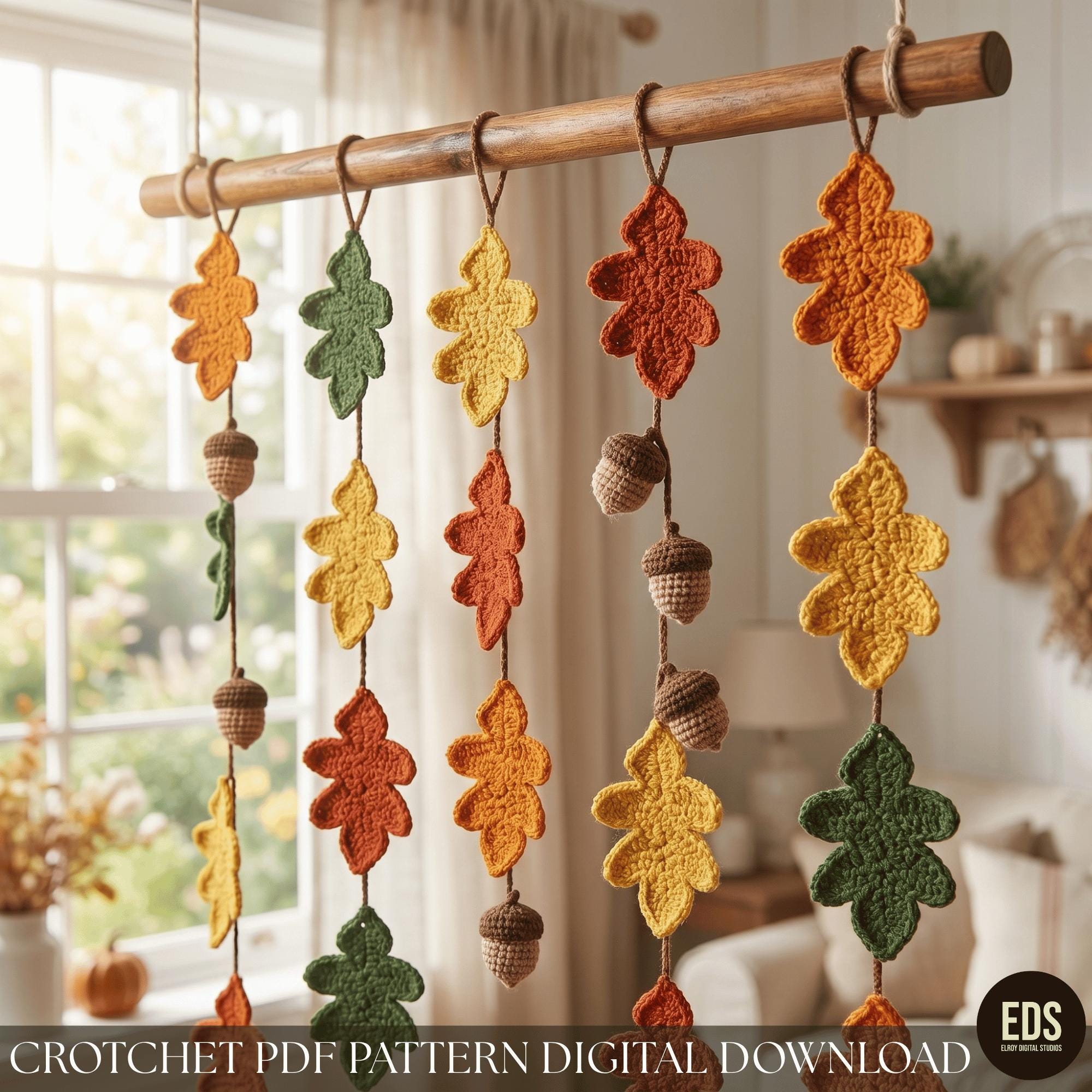 38 Crochet Leaf Patterns To Welcome Fall With Appliqués, Garlands, and Botanical Details 18 Crochet Pattern Oak Leaves and Acorns Garland Autumn Fall