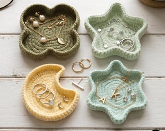 4 Crochet Trinket Tray Pattern Bundle PDF Celestial Star Lunar Crescent and Lucky Leaf Valet Dish Home Decor Aesthetic Organizers