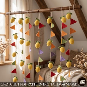 Patrón de guirnalda de limones a crochet, divertido banderín arcoíris de verano en PDF, decoración de frutas amigurumi fácil, pancarta de fiesta DIY de descarga instantánea