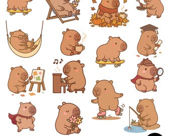 Cute Capybara PNG Bundle Kawaii Animal Clipart for Cricut  Silhouette | Capybara PNG Digital Stickers for Summer Shirts & Crafts