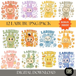 12 Cute Labubu PNG Designs Bundle for Cricut and Sublimation, Kawaii Cartoon Monster Clipart for T-Shirts & Digital Download Pack