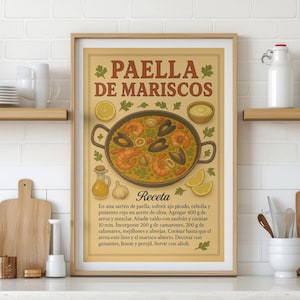 Digital Print Vintage Paella Poster Printable Spanish Recipe Art Rustic Seafood Illustration Retro Mediterranean Food Design