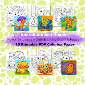 Kawaii Dinosaur Coloring Pages – Cute , Cozy Dinos to Print and Color | Digital Coloring Book PDF for Kids, Teens & Dino Lovers