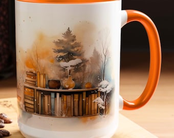 Bookshelf Mug Gift, Floral Bookshelf Coffee Mug, Bookish Faux Stained-Glass Ceramic Mug Winter Lover gift, Perfect Gift for Book Lovers