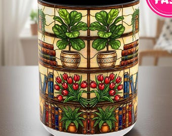 Stained-Glass Style Floral Bookshelf Mug, Book Lover Mug, Book Lover Gift, Bookish Mug, Library Cup, Floral Coffee Cup