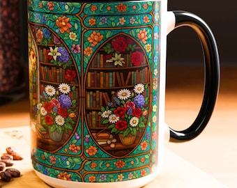 Bookshelf Mug Gift, Floral Bookshelf Coffee Mug, Bookish Faux Stained-Glass Ceramic Mug Cook Lover gift, Perfect Gift for Book Lovers