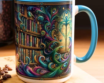 Stained-Glass Style Floral Bookshelf Mug, Book Lover Gift, Bookish Mug, Library Cup 15oz, Stained Glass Books and Roses Mug, Librarian Gift