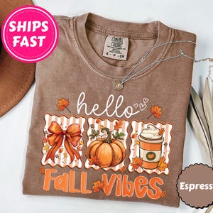 Puede incluir: Camiseta Comfort Colors color espresso con las palabras "hello Fall Vibes" y gráficos con temática otoñal. Los gráficos incluyen un lazo, una calabaza y un café con leche de calabaza especiada. Un collar plateado está sobre la camiseta.