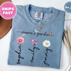 Comfort Colors® custom moedershirt, bloem geboortemaand met kindernamen, Moederdag-T-shirt, cadeau voor moeder, Moederdagcadeau, geboortebloem moeder