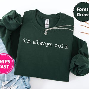 Peut inclure: Sweat-shirt vert for&ecirc;t avec l'inscription blanche "I'm always cold". Un collier argent&eacute; avec un pendentif est pos&eacute; sur le sweat-shirt. Le sweat-shirt est pli&eacute; &agrave; c&ocirc;t&eacute; d'un jean bleu.